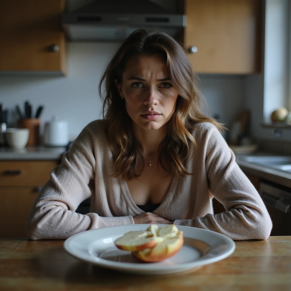 realistic style adult thin woman sitting at kitchen table with a plate with only a sliced apple, sad expression, kitchen environment, cold lighting, atmosphere of restrictive diet emoji