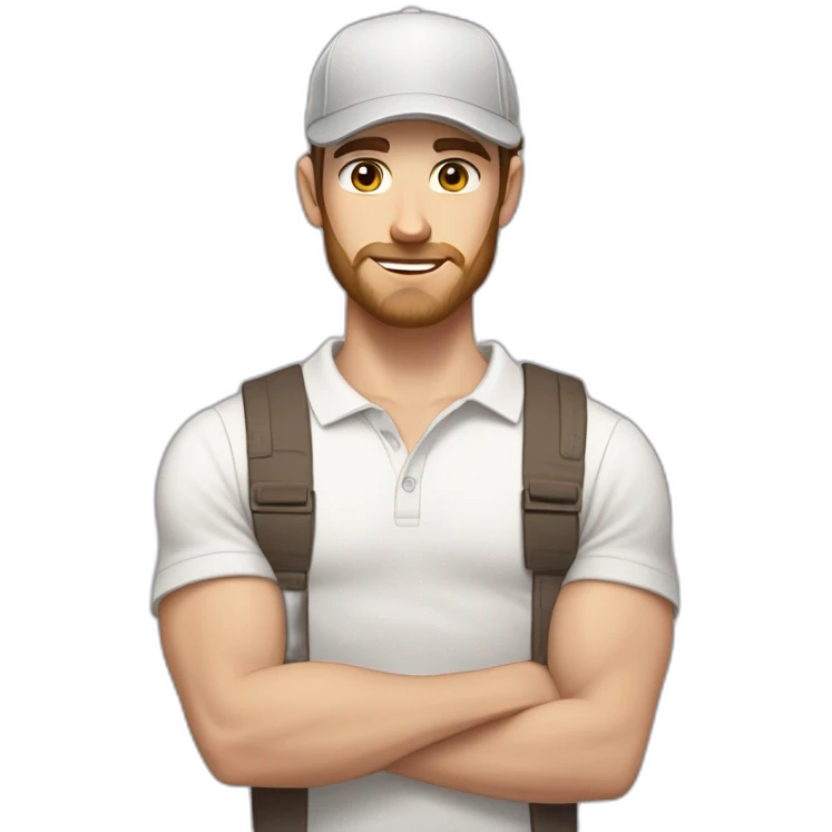 Pale skinned fit Man with dark brown hair in a light gray cap, dark brown jeans, brown polo and white T-shirt keeping a pasted with tape white box into his hands emoji