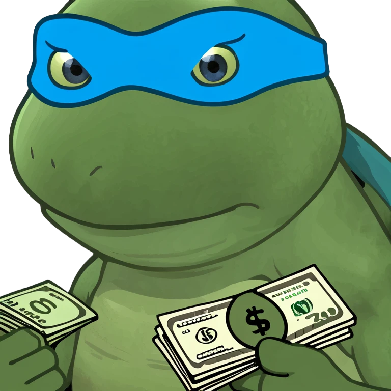 ninja turtle wearing blue eye mask with money emoji