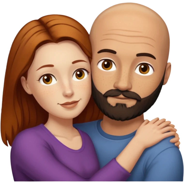 Couple. Bald man with dark brown-black beard. White woman with many small, faded freckles, she has white skin and she has auburn-yellow-brown-cinnamon, dark long hair. She has light brown eyes. The man have hazel eyes. Retro style. They hug. emoji