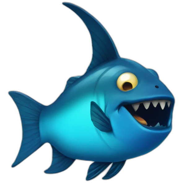 dark blue magic fat thing with a cyen face and a cyan fish fin and a big open mouth emoji