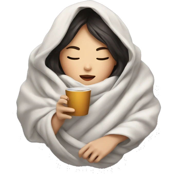 asian girl inside a blanket sipping coffee eyes closed emoji