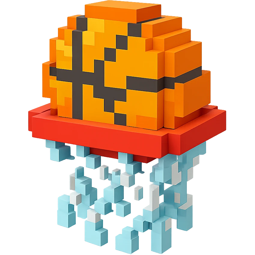 A voxel-style basketball in a net, variation 7 emoji