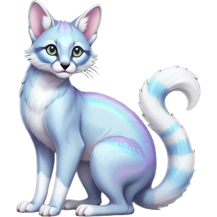 iridescent pastel white glorious divine exotic cute cool beautiful shiny beautiful fantasy-caracal-civet-genet-sergal-vernid-Cacomistle-oncilla-animal-Fakémon-hybrid-fursona (full body) emoji