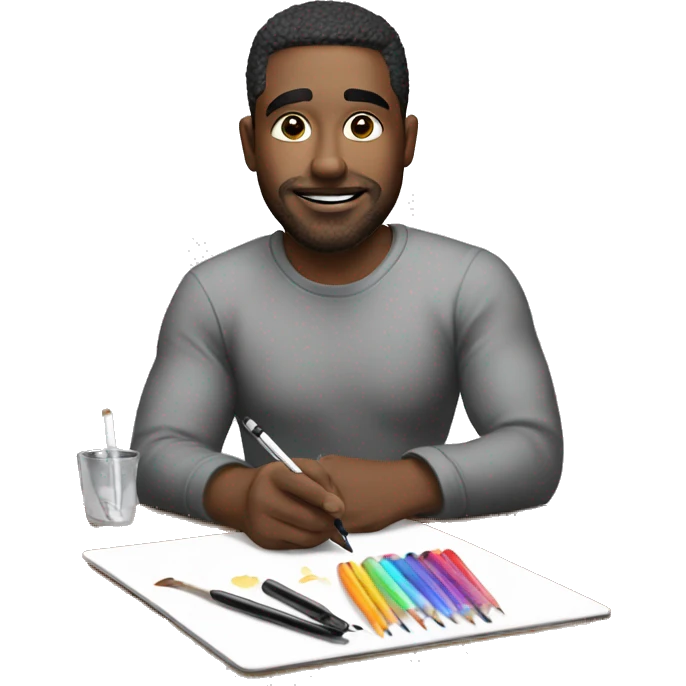A man, drawing on an iPad with a stylus. , using the iPad placed on a table. with art tools like brushes and pencils around him. 🎨 emoji