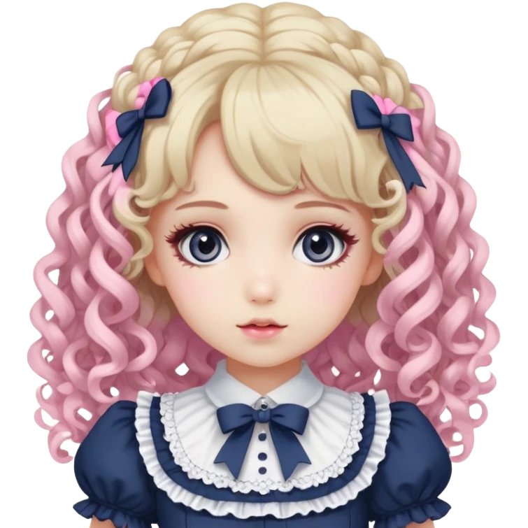 Pale girl with curly blonde-pink hair, grey eyes, doll-like makeup, wearing a navy lolita hime gyaru dress emoji. emoji