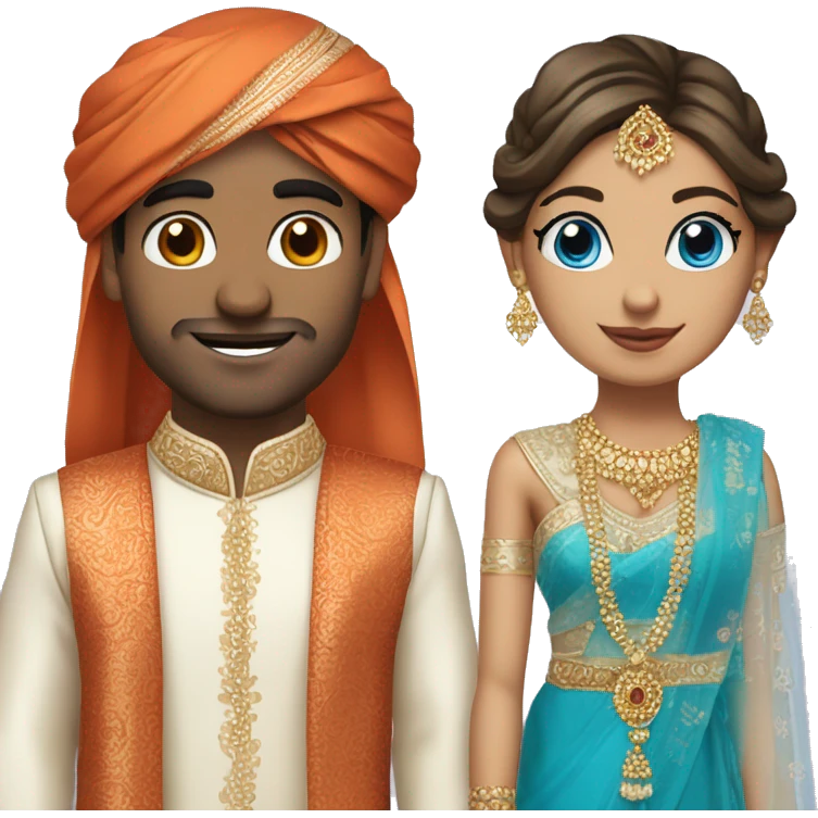 Indian groom and white skin and blue eyes bride with same outfit emoji