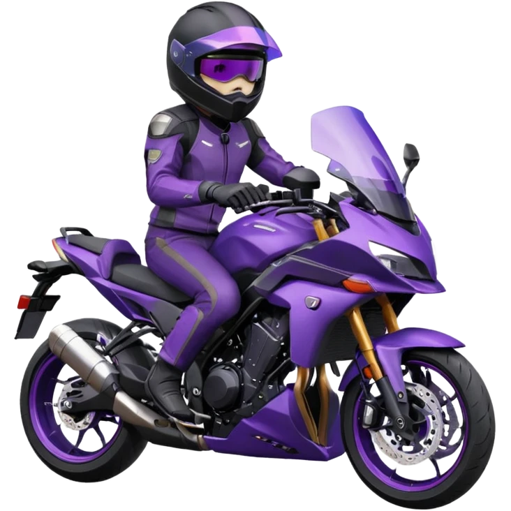 Créer un emoji avec une moto mt07 sport noir mate / violet iridescent très foncé, pare-brise de la moto violet. Avec une pilote dessus visière violet sombre visage caché . Avec fond arrière violet en arrière plan. emoji