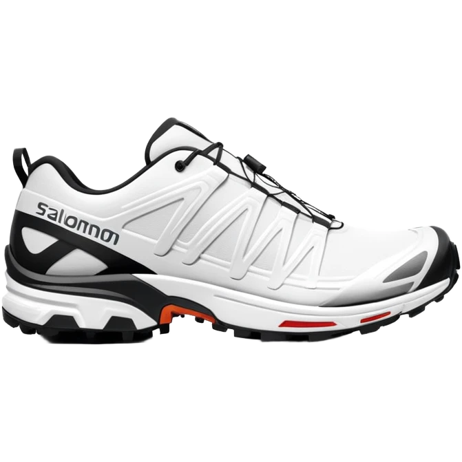 Ultra minimalist white Salomon XT-6 shoes, extremely simplified iOS emoji style, one behind the other, flat colors, very basic lines, essential details only, clean design emoji