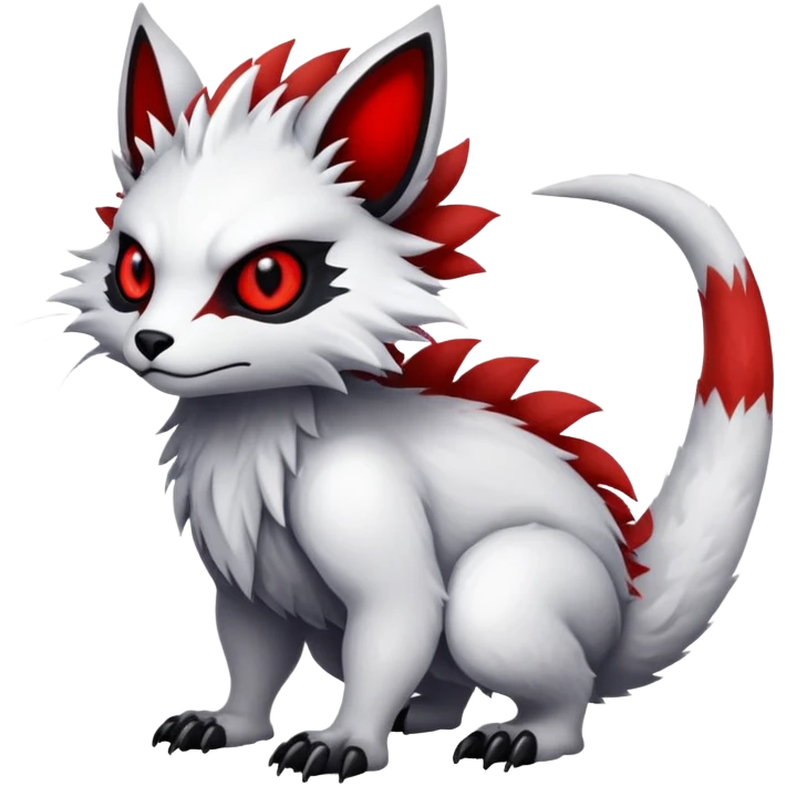 a white exotic edgy vernid-fionbr-Fakémon-creature, with black belly and red eyes, full body emoji