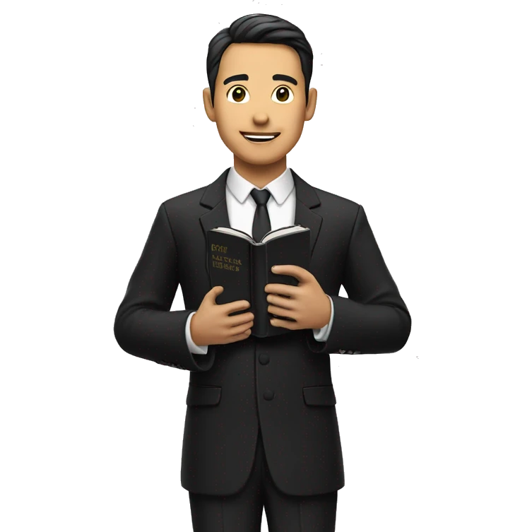 An asian preacher holding a bible in black tuxedo emoji