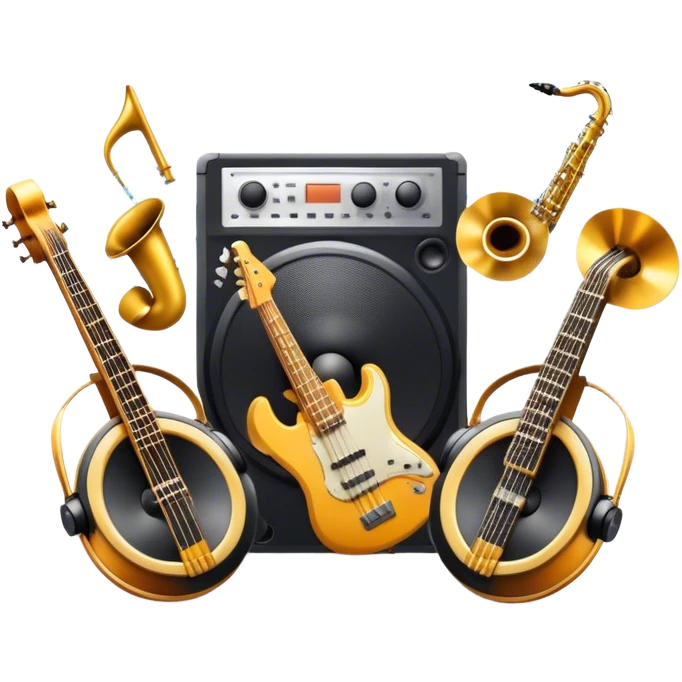 Icon for R&B Music Listening: large concert speakers and headphones with waves of musical notes coming out, along with drums and bass guitar and saxophone. The icon should convey the energetic and rhythmic vibe of R&B music. Transparent background emoji