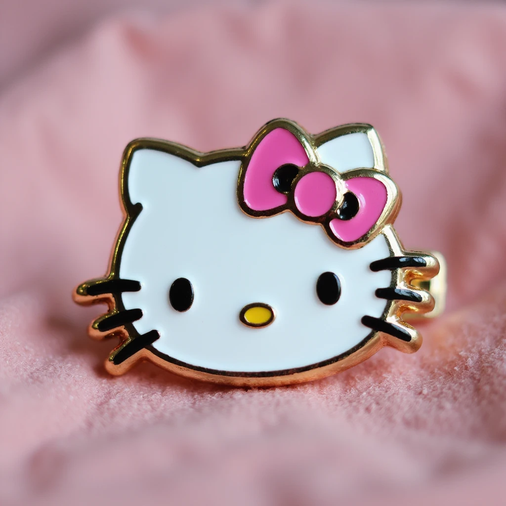 realistic Hello Kitty hair pin shaped like Hello Kitty's face with a pink bow, shiny enamel and metal, photographed on a white background emoji