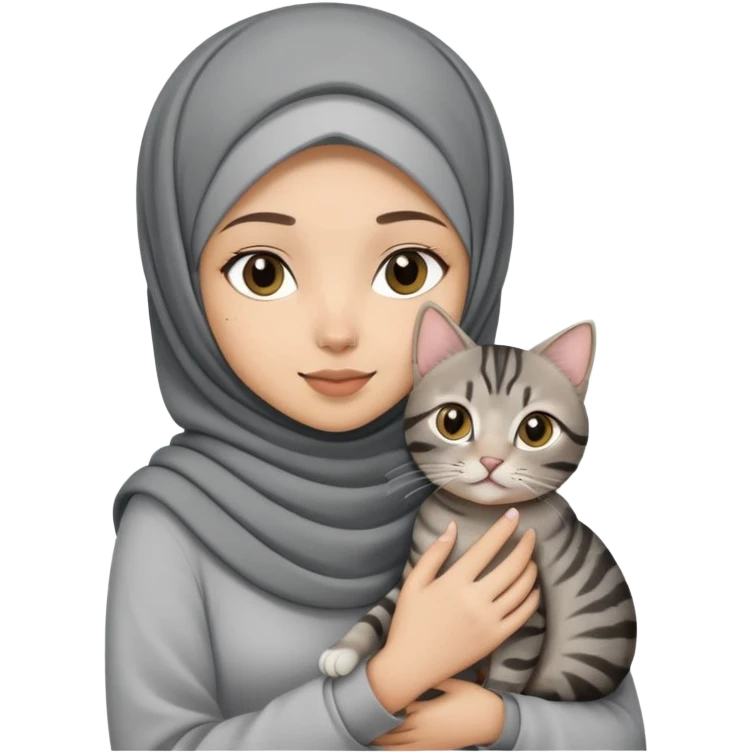 Hijab girl holding a black grey tabby cat emoji