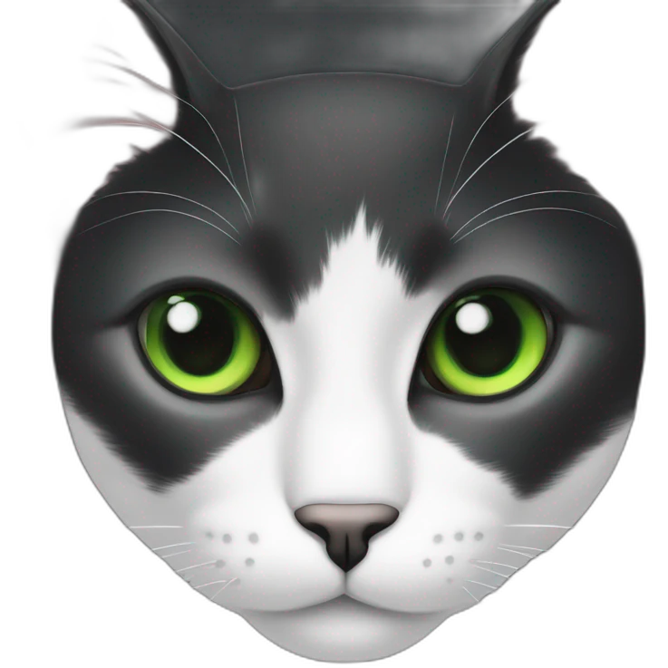 A black cat with green eyes with a white mustache, with a thin white stripe on the nose on the right side, with a full-length white breast and white paws emoji