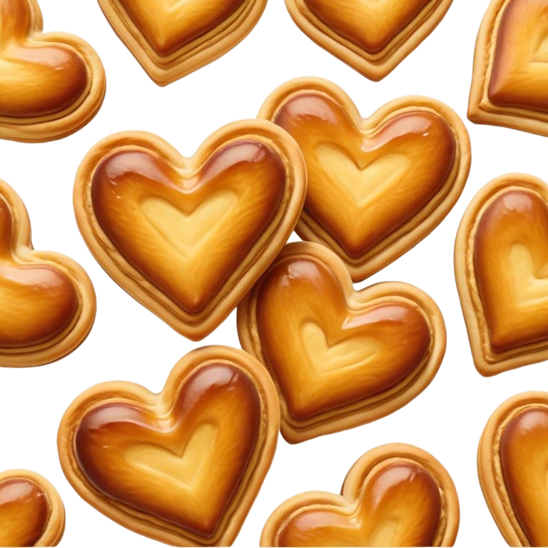 Cinematic crisp palmier, golden-brown heart-shaped pastries, perfectly caramelized layers, delicate and flaky, warm glowing background, inviting and delicious. emoji