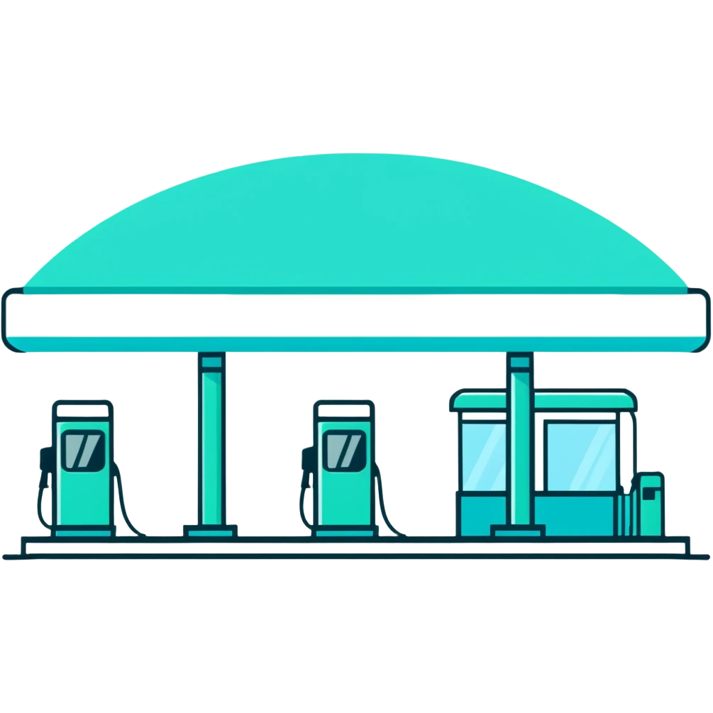 Gas station building with canopy and pump, minimalist design with soft gradients in sky blue, teal green, white, and light gray emoji