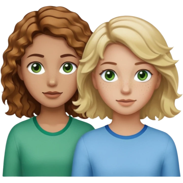 À girl with wavy brown hair, light tan skin and green eyes and freckles next to a girl with short blonde wavy hair, tan skin and light blue eyes emoji
