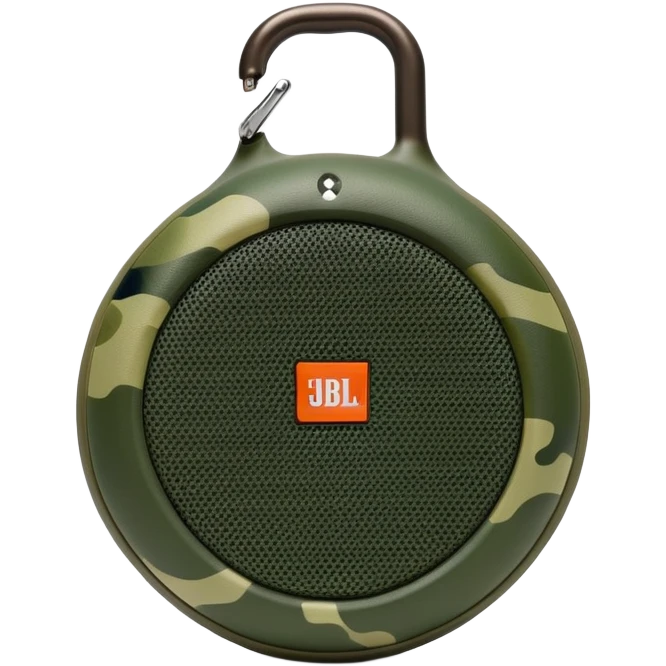 Simple JBL Clip 4 portable speaker with correct round body and built-in carabiner hook, minimal green camo pattern, iOS emoji style emoji