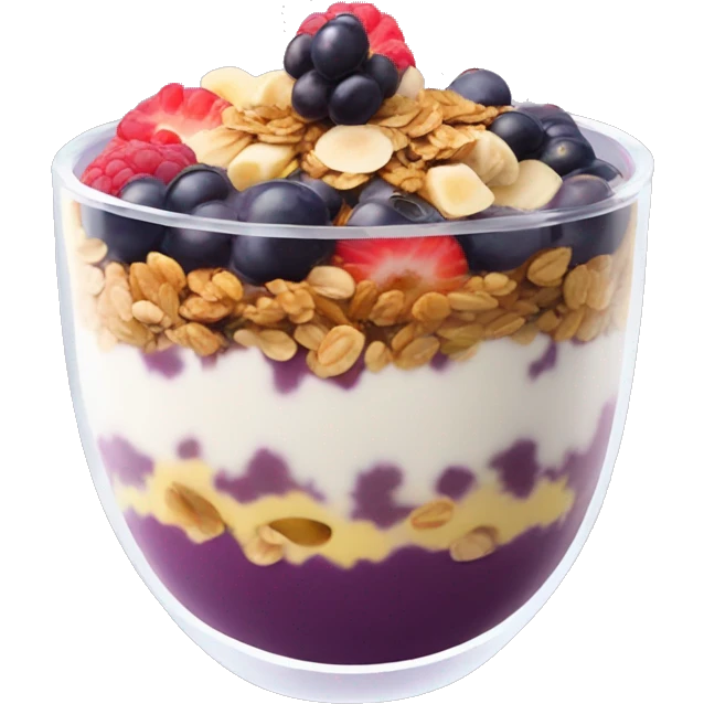 Açaí in a clear cup with layers of fruits and granola and condensed milk emoji