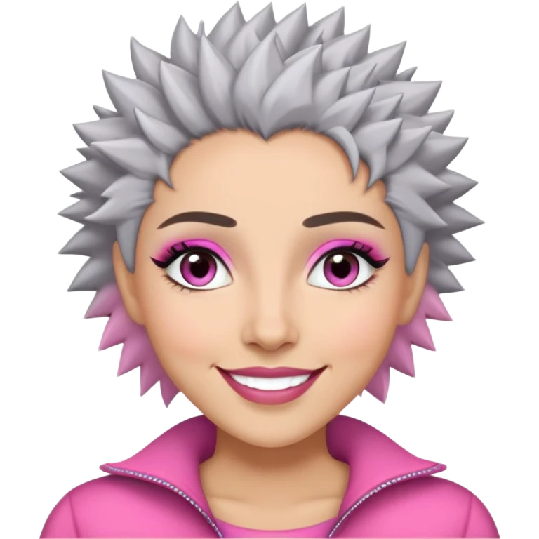 Close-up of Marian Pabón with defined facial structure, light skin with pink undertones, almond eyes with makeup, arched eyebrows, charismatic wide smile, and short spiky gray hair emoji