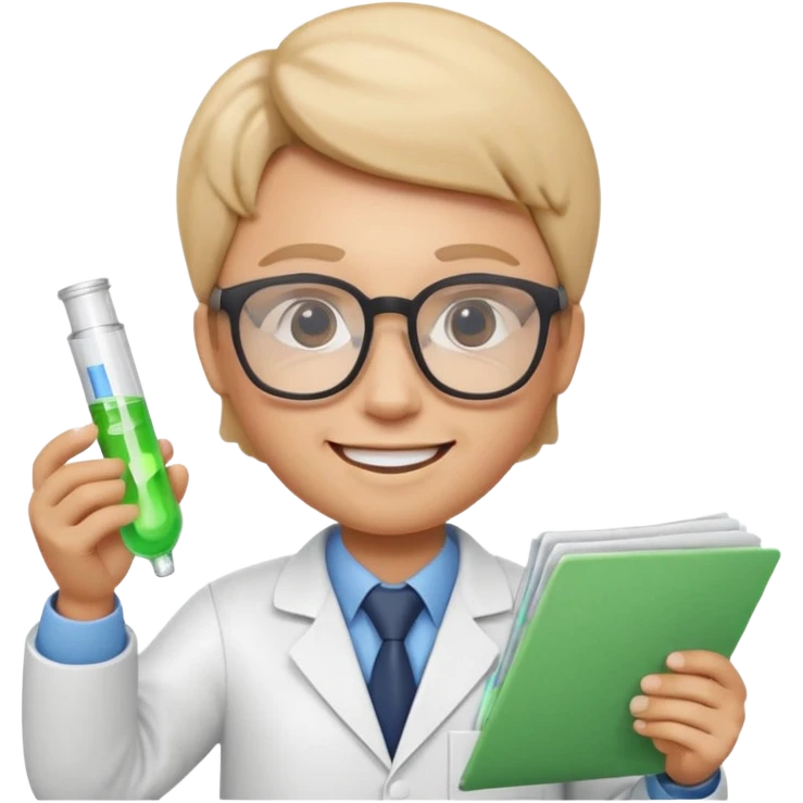 Apple Memoji-style 3D emoji of a researcher wearing glasses holding papers or a test tube, clean gradients, rounded shapes, no background. emoji