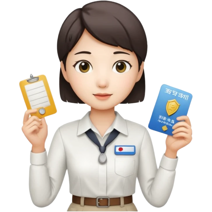 A Korean short-haired female tour guide is wearing a white shirt and holding her guide license in one hand, which is a horizontal card. emoji