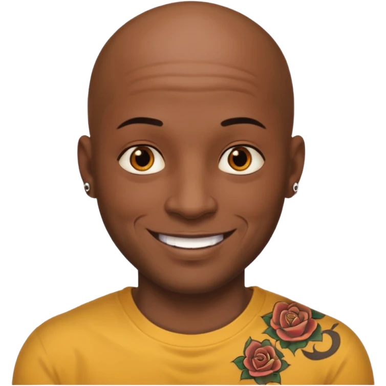 This is a cartoon-style avatar of a bald man with dark skin, golden-brown eyes, and several tattoos on his face, smiling with a friendly expression. emoji