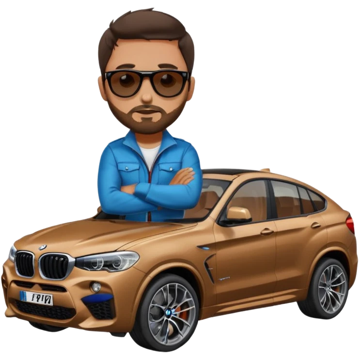 Brunnete Man with stubble (beard) sitting on top of the bonnet of a BMW X4 M competition with sunglasses on emoji