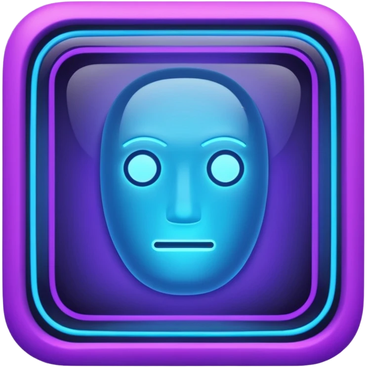 A glowing neon square in shades of blue and purple, transparent background, no face emoji