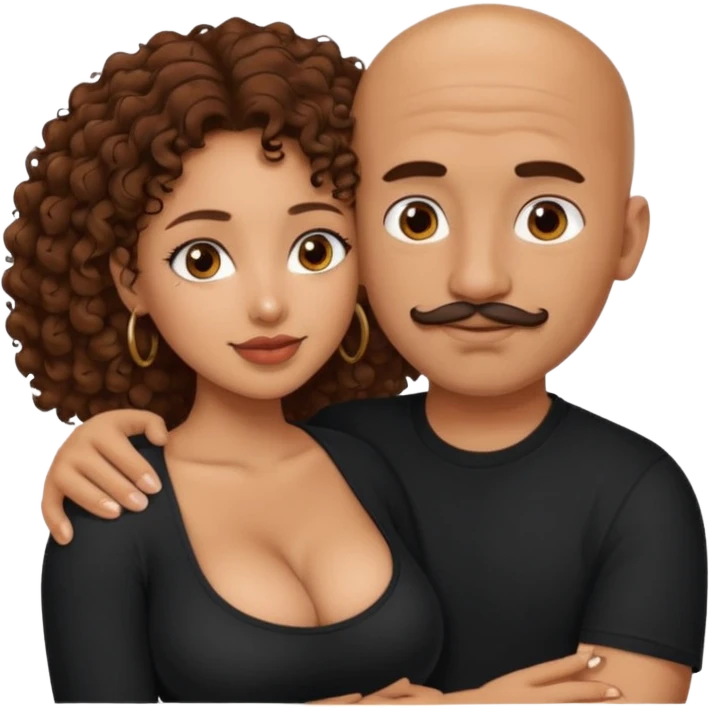 A mixed girl, the girl is wearing a black shirt, the girl has brown curly hair  and the girl has big boobs. A Mexican man is embracing her, with bald hair and a short mustache  emoji