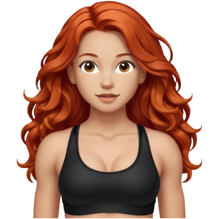 Athletic girl with long light red wavy hair and smaller boobs bigger arms. middle part and black sports bra, long hair emoji