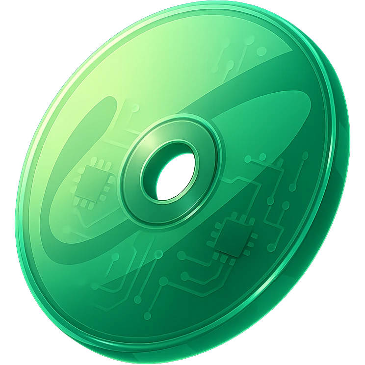 A minimalist CD disc with abstract pattern, glowing effect, green color scheme emoji