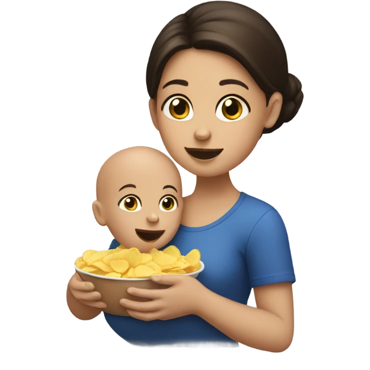 Brunette girl holding bald baby eating chips  emoji