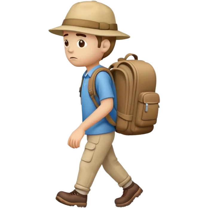 sad traveler man with beige skin tone wearing backpack and hat walking to the right, iOS style emoji