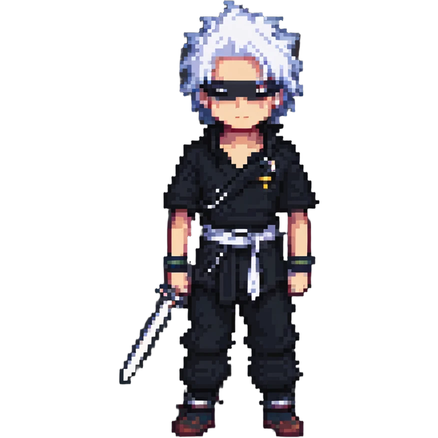 Gojo Satoru, pixel art style, white spiky hair, black blindfold, cool stance emoji