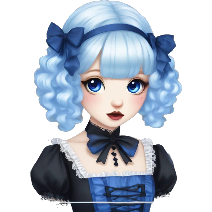 Japanese pale woman with Blue curly pigtails and bangs, royal blue lips and eyeshadow, long eyelashes, blue eyes, black Lolita dress with laces and ribbons, gothic Lolita doll look emoji