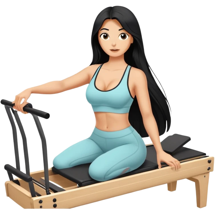 woman with bra, tanned long black hair, doing Pilates reformer emoji