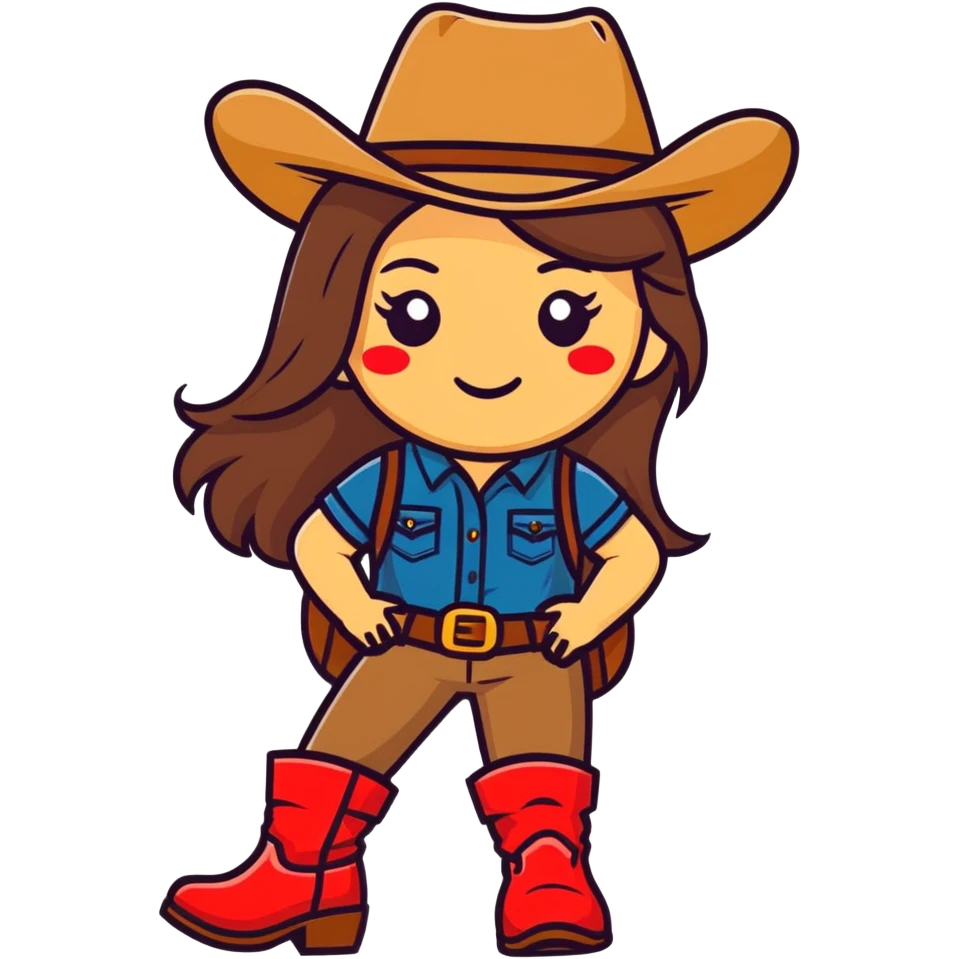 Girl emoji with long brown hair wearing a cowboy hat, sunglasses, and red boots emoji