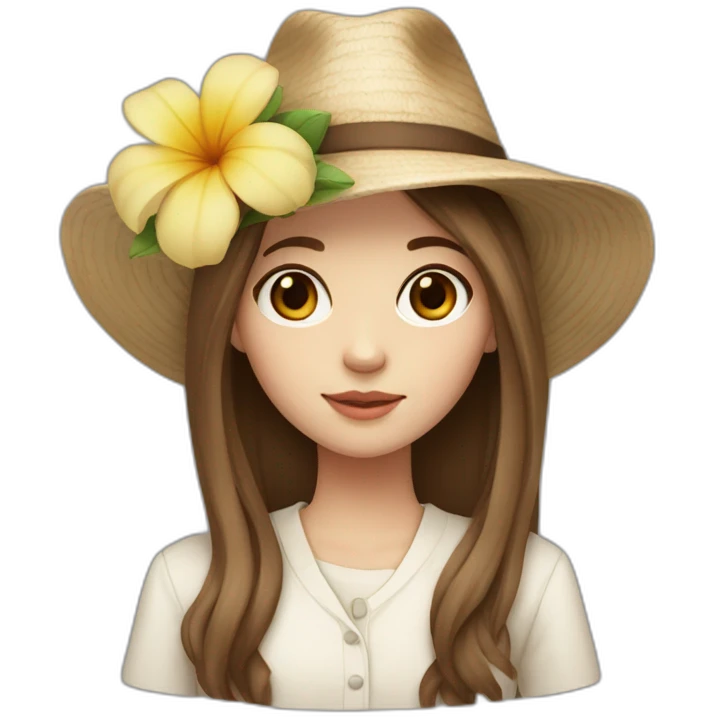 white skin, Girl with a flower in her hand, with a hat, shoulder-length brown straight hair emoji