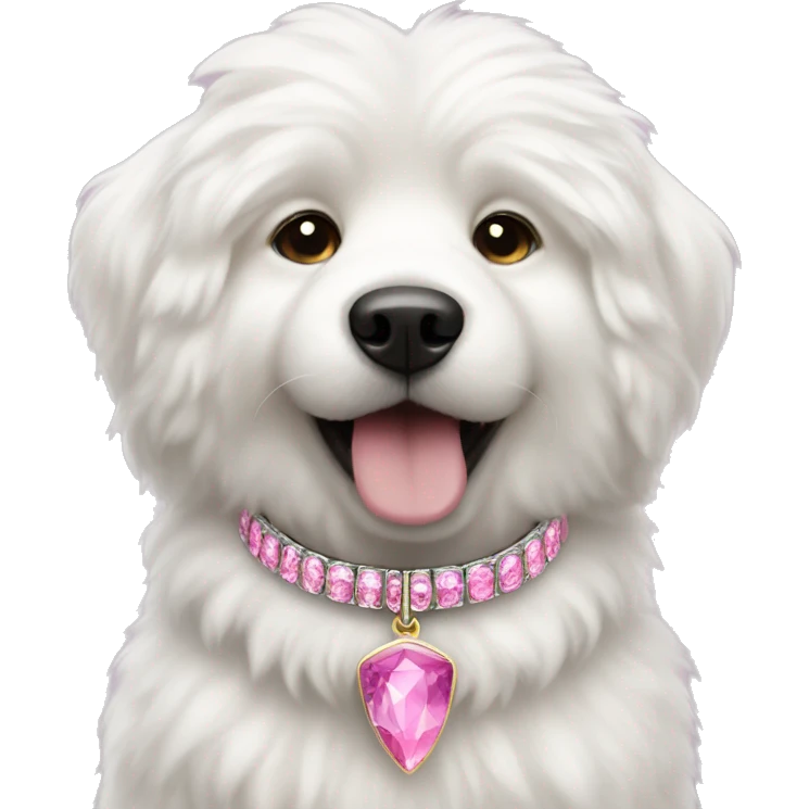 white fluffy dog with pink gemstone collar emoji