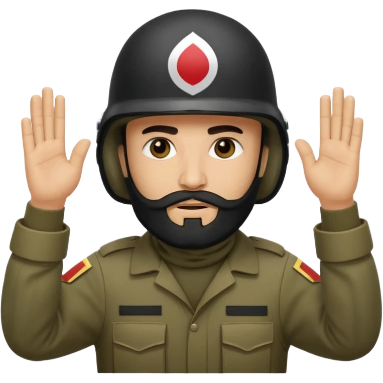 surrenders, depicts an Iraqi soldier from 1980, with a beard, in a helmet, a helmet "WITHOUT" insignia, with a balaclava, with sad eyes and both hands raised up emoji