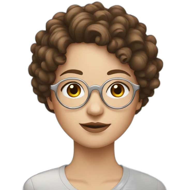 white girl with round silver glasses and really short brown curly hair emoji