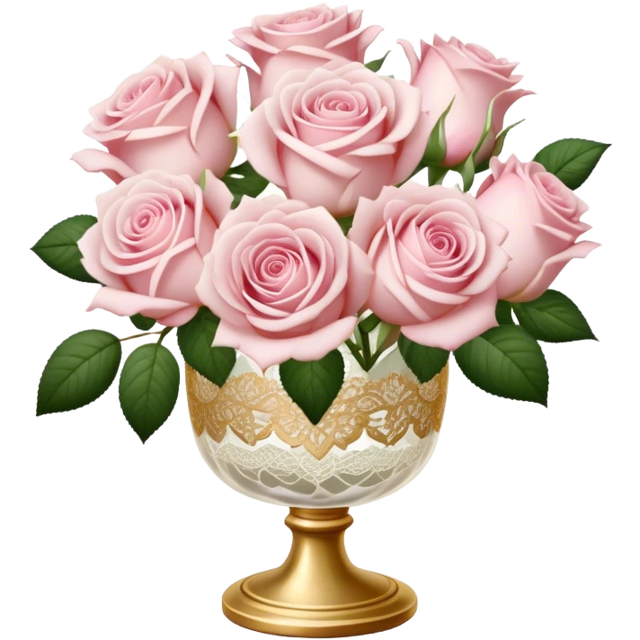 Delicate cluster of pale pink roses in a gold-rimmed glass vase, ivory lace underneath emoji