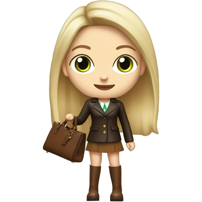 Realistic White woman with Long straight blonde hair and green eyes, dark Brown oversize leather blazer, mini skirt and Brown heeled leather boots, holding handbag emoji
