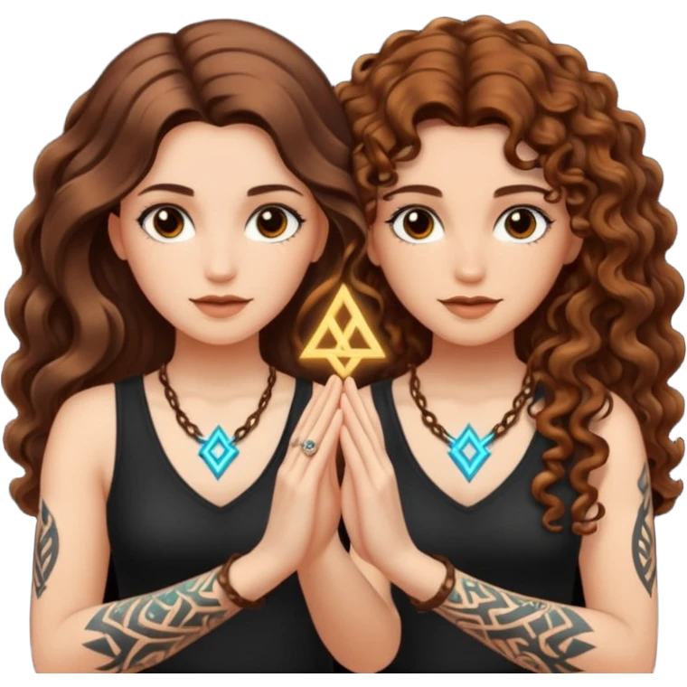 shared idea — long wavy brown hair tattooed woman and short tight curly brown hair woman — glowing rune between hands emoji