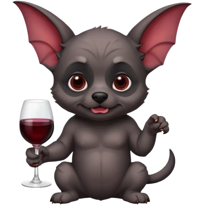 Ein kleiner, stämmiger Welpe mit kurzem, faltigem Gesicht und sehr großen, seitlich abstehenden „Fledermausohren“. Er hat kurzes dunkelgrau-schwarzes Fell mit hellbraunen Abzeichen über den Augen, an Wangen und Beinen sowie etwas hellerem Kinn, with red wine glass emoji