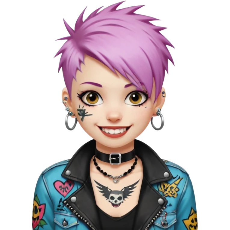 a punk girl with short dyed hair and wear a punk graffiti jacket with black choker grin playfully  emoji
