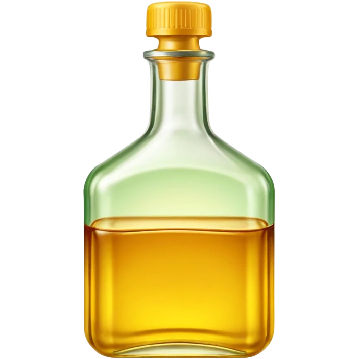 frying oil bottle, clear, golden yellow oil, simple clean design, curved or rectangular, green or yellow cap, no branding, no label, fluid glossy, warm amber, no pan food extra or faces, clean 3D, soft shadows, transparent background, emoji scale emoji