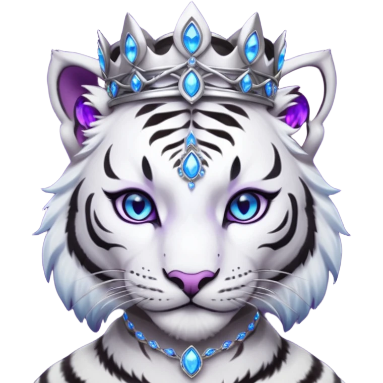 ESO Female white/black tiger khajiit leader of the umbral rose, glowing blue eyes, glowing blue 'third eye' gem; purple gem silver tiara emoji